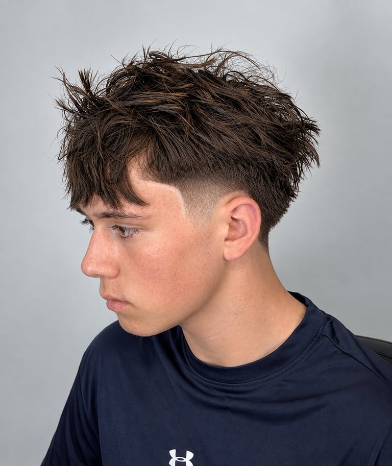 Man in profile wearing navy Under Armour shirt with textured dark brown tousled hair and faded sides haircut