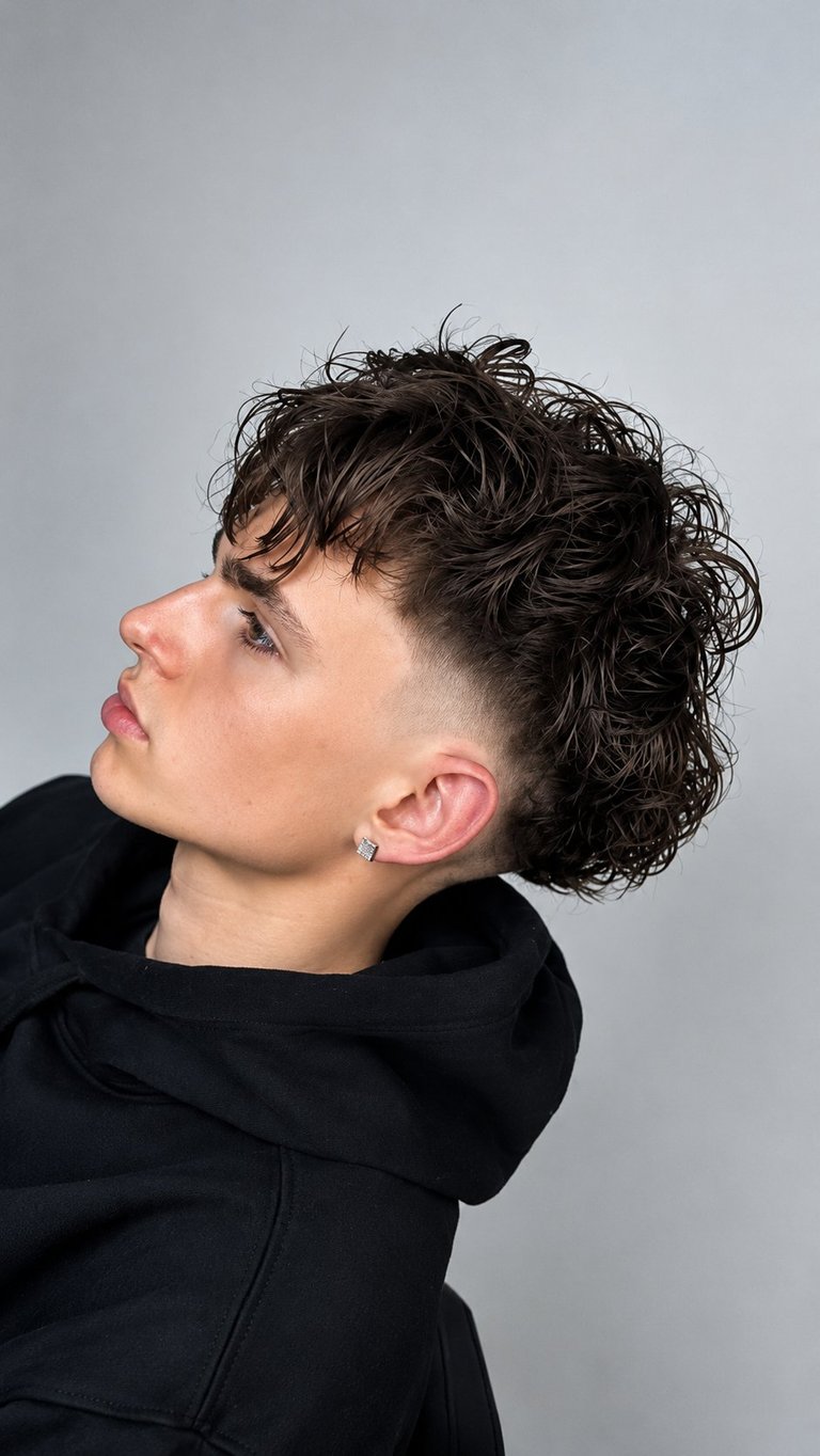 Profile view of a person with curly dark hair wearing a black hoodie against a gray background