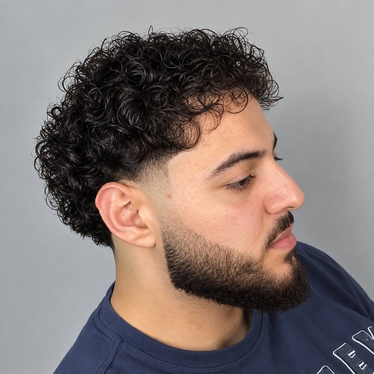 Profile view of a man with curly black hair, facial beard, wearing a dark navy shirt against a gray background