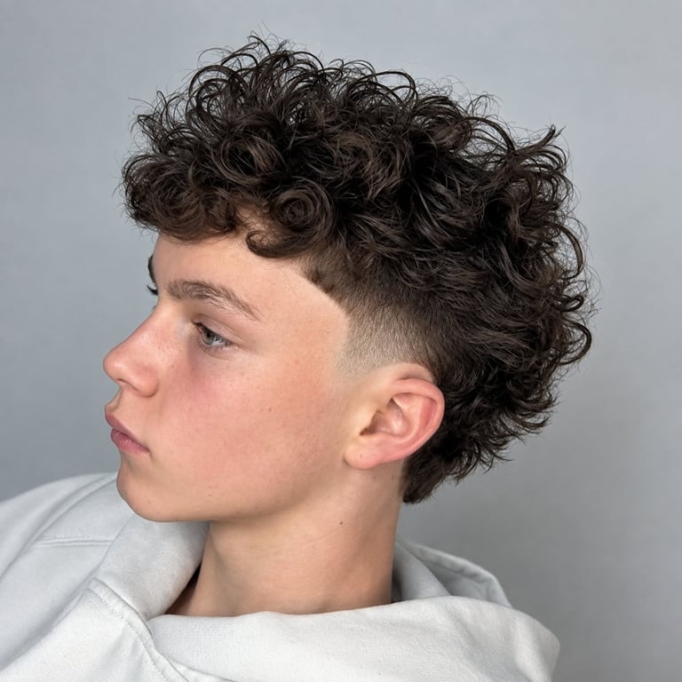 Young person with curly dark hair styled in a fade cut, shown in side profile wearing a white shirt against a gray background