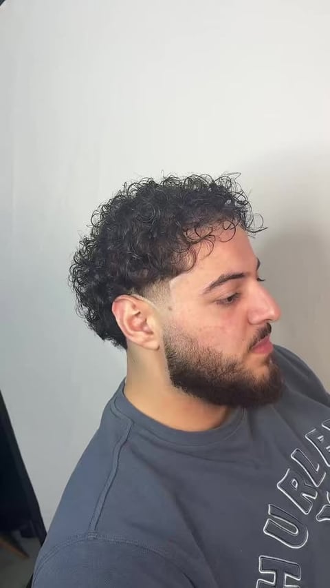 Man with curly dark hair and beard in profile